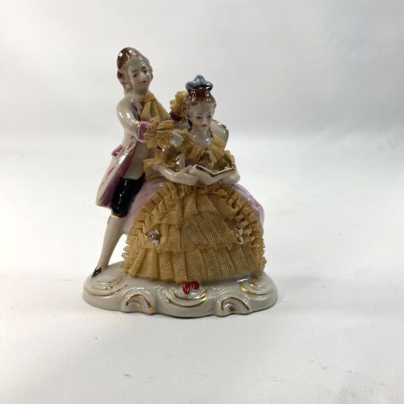 Vintage Lady & GentleMan Porcelain Victorian Figurines Reading Dresden Lace 5" - Picture 5 of 11